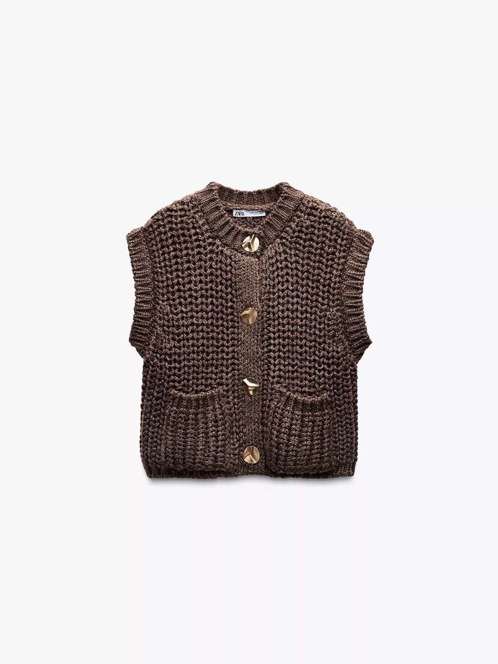 Zara Chunky Knit Button Vest - Dark Brown with Gold Buttons